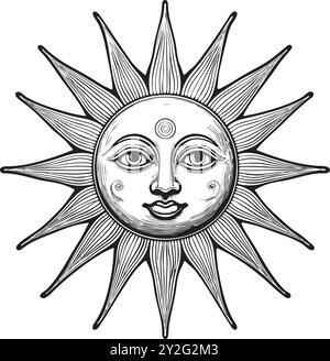 Radiant sun with open eyes and detailed hachure lines Stock Vector