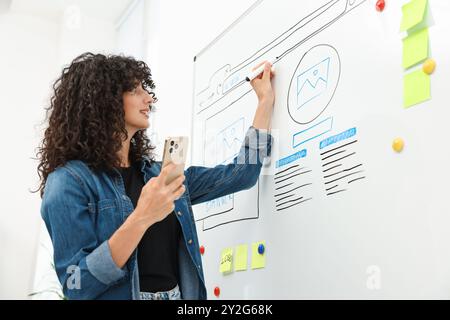 Developing UI design. Woman drawing website wireframe on whiteboard indoors Stock Photo