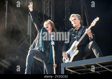 Oslo, Norway. 26th, June 2024. The Swedish rock band Europe performs a live concert during the Norwegian music festival Tons of Rock 2024 in Oslo. Here vocalist Joey Tempest is seen live on stage with bass player John Leven. Stock Photo