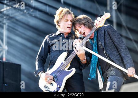 Oslo, Norway. 26th, June 2024. The Swedish rock band Europe performs a live concert during the Norwegian music festival Tons of Rock 2024 in Oslo. Here vocalist Joey Tempest is seen live on stage with bass player John Leven. Stock Photo