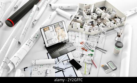 3D rendering of a apartment architectural model with blueprints, elevation , drawing , floor plan ,interior design plan other documents Stock Photo