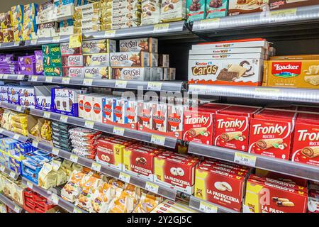 Rome Italy,Via del Pozzetto,Tigre Supermercado,supermarket grocery store,shelves display sale food,inside interior,cookies desserts junk food packages Stock Photo