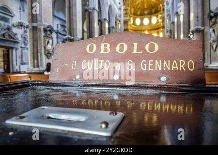 Naples Napoli Italy,Via Duomo,Duomo di Napoli Catholic cathedral,inside interior,donation offering box,Royal Chapel Treasure of San Gennaro,Reale Capp Stock Photo