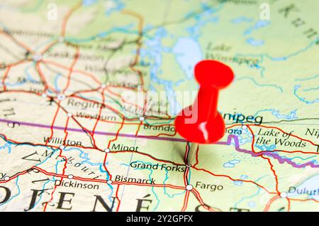 Grand Forks, North Dakota pin on map. Stock Photo