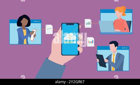 The hand holds the phone. The phone is connected to the cloud and sends data files to other users. The characters are connected via an application. Fl Stock Vector