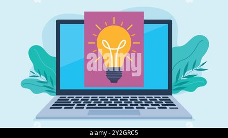 A laptop screen with a purple document on it and a glowing light bulb. The light bulb represents an idea and a way to solve a problem. Flat design vec Stock Vector