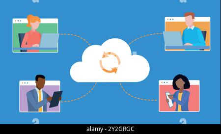 Team communication via cloud connection. Employees connect via the app. They work on a laptop, tablet or take notes in a notebook. Flat design vector. Stock Vector