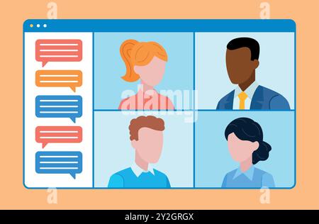 Video chat work team conversation with text chat. Four employees talk on a video call in a web application. Employees of different ethnicities and gen Stock Vector