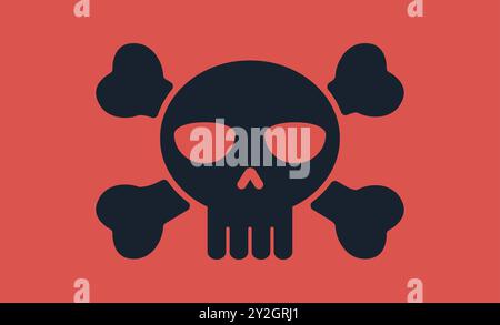 Black skull on red background. Pirate or virus skull icon. Flat design vector Stock Vector