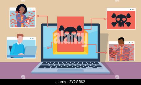 Laptop on desk hacked by virus message. Virus infects tiles and other employees' computers by taking over their connection. Flat design vector Stock Vector