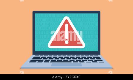 Exclamation mark on laptop screen. Behind the exclamation mark is displayed zero-one code. Virus attacked laptop, warning, antivirus. Laptop taken ove Stock Vector
