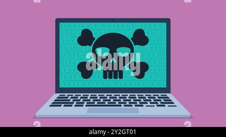 A virus skull appears on the laptop screen. The computer is hacked. In the background behind the skull is green virus script code. Flat design vector Stock Vector