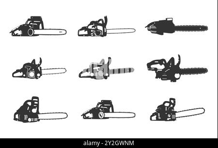 Chainsaw svg, Chainsaw silhouette, Chain saw icon, Chain saw vector set, Chainsaw illustration, Chainsaw clipart. Stock Vector