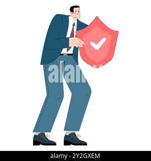 Business protection concept. Confident businessman holding a shield with a check mark. Corporate security, risk management strategy. Vector illustration. Stock Vector