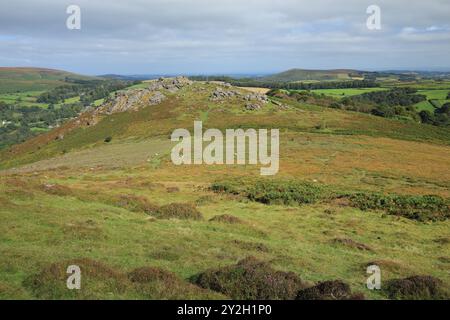 Early autumn/late summer view of Honeybag tor, Dartmoor, Devon, England, UK Stock Photo