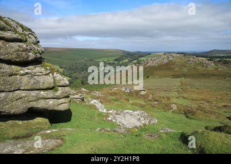 Early autumn/late summer view of Honeybag tor, Dartmoor, Devon, England, UK Stock Photo