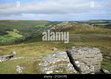 Early autumn/late summer view of Honeybag tor, Dartmoor, Devon, England, UK Stock Photo