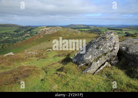 Early autumn/late summer view of Honeybag tor, Dartmoor, Devon, England, UK Stock Photo