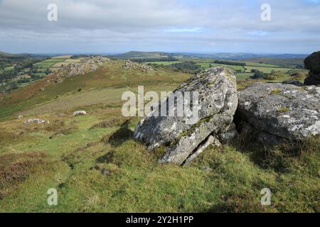 Early autumn/late summer view of Honeybag tor, Dartmoor, Devon, England, UK Stock Photo