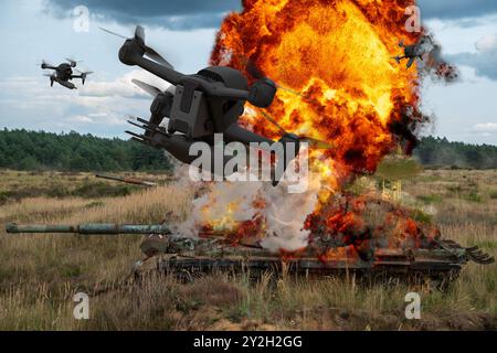 FPV drones attacking a tank.3d render. Stock Photo