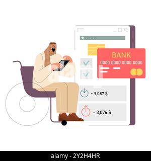 Diverse businessman on wheelchair managing finances online, checking bank account balance on mobile. Inclusive banking concept. Vector illustration. Stock Vector