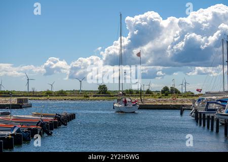 Landskrona, Sweden - July 10 2022: Sail boat leaving guest harbor at Landskrona. Stock Photo