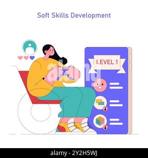 Adult education concept. Woman engaged in learning soft skills through a gamified app interface. Personal development and e-learning themes. Vector illustration. Stock Vector