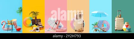 Set of beach accessories on color background Stock Photo