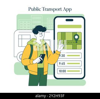 World Car Free Day concept. Illustration showcasing a person using a public transport app to navigate city buses, promoting eco-friendly travel. Vector illustration. Stock Vector