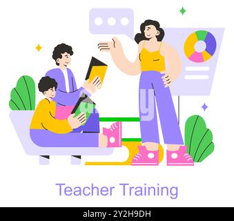Collaborative Learning concept. Students engage with a trainer using digital tablets, fostering interactive education. Professional development in action. Vector illustration. Stock Vector