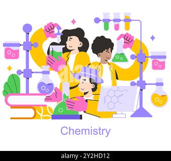 Collaborative Learning concept. Students engage in a chemistry experiment together with enthusiasm. Teamwork in education and scientific research. Vector illustration. Stock Vector
