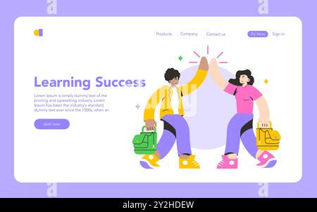 Collaborative Learning concept. Two students celebrate success with a high-five, evoking teamwork in education. Unity in classroom achievements. Vector illustration. Stock Vector