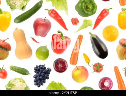 Seamless pattern of vegetables, fruits and berries isolated on white background. Stock Photo