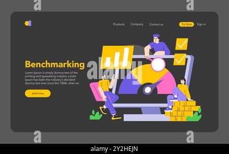 Benchmarking concept. Professionals analyze graphs on a computer screen, strategizing business performance. Achieving targets and productivity growth. Vector illustration. Stock Vector