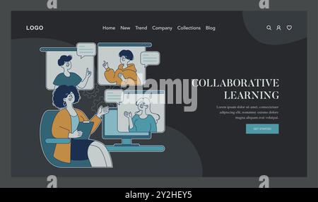 Education Trends concept. Online students engaged in cooperative learning via digital classroom interfaces. Interactive virtual study group. Vector illustration. Stock Vector