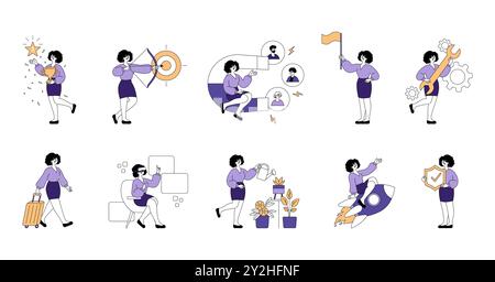Businesswoman set. Professional woman in various work scenarios, showcasing leadership and productivity. Career development actions. Vector illustration. Stock Vector