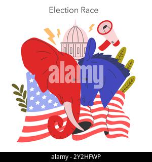 Election Race concept. Animated elephant and donkey representing political parties in the US with Capitol silhouette. Democracy and competition theme. Vector illustration. Stock Vector