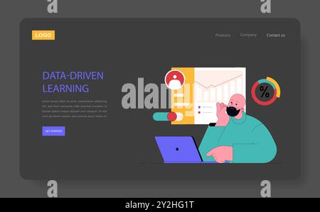 Adult Education concept. Lifelong learner using a laptop for data-driven studies amidst web interface elements. Online learning and analytics. Vector illustration. Stock Vector