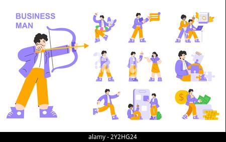 Businessman set. Diverse corporate activities from goal setting to financial success. Professional scenarios in a modern workplace. Vector illustration. Stock Vector