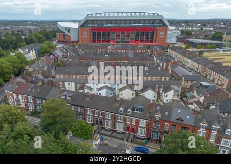 Aerial view of Anfield, home of Liverpool Football Club, and the streets around the stadium in Liverpool, UK. Stock Photo