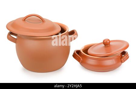 Two clay pots with lids isolated on white background Stock Photo - Alamy