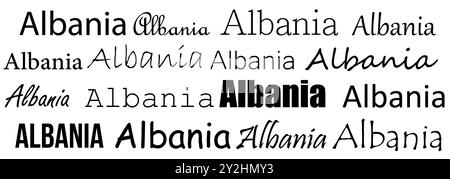 The artwork showcases the word Albania displayed in multiple font styles, sizes, and weights, emphasizing creative typography and design elements used Stock Vector