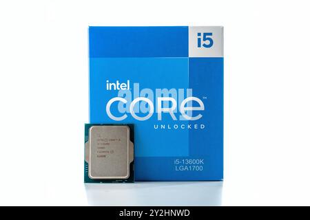 December 2023, Tallinn, Estonia. Intel I5. Close-Up Detailed View of Intel Processor Chip Isolated on White Background for High-End Gaming Use Stock Photo