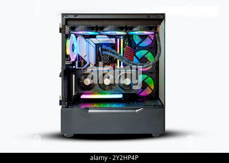 Showcase of a Modern Gaming Desktop Computer Build with Rainbow LED Lighting Stock Photo