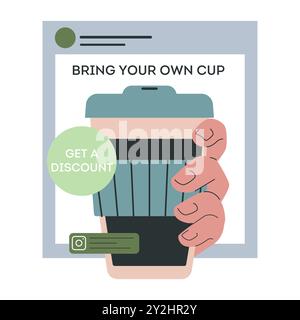 Bring your own cup. Green marketing. Corporate social responsibility, CSR. Company using sustainable practices for promotion. Business' responsibility on environment. Flat vector illustration Stock Vector