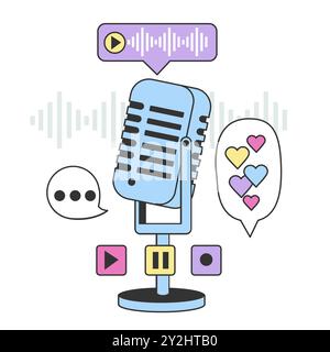 Microphone. Podcast, broadcast or music record technology. Recording of audio online show. Mass media broadcasting. Flat vector illustration Stock Vector