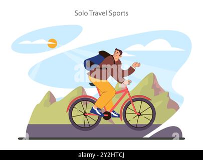 Solo travel sport. Character traveling alone with a back pack. Bicycle trip. Adventurous lifestyle, traveler exploring nature on a bike. Flat vector illustration Stock Vector