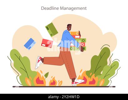 Deadline management skill. Office character with burning work time hours. Character with self-discipline. Organization for performance efficiency. Flat vector illustration Stock Vector