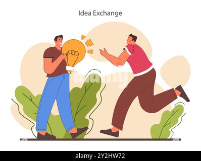 Idea exchange. Open-mindedness. The ability to accept new ideas and concepts. New idea generation in a brainstorm. Inspiration and imagination. Flat vector illustration Stock Vector