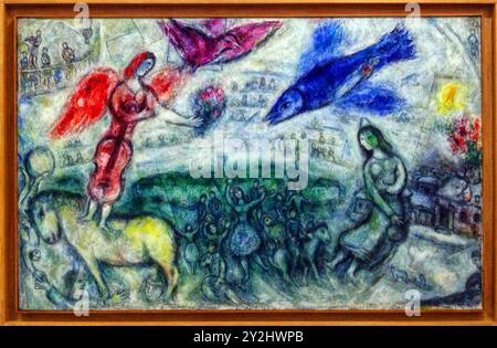 Oil on canvas by Marc Chagall 'Traveling People' 1968. Deposit of the MNAM of Paris. Museum of Modern Art of Ceret. Occitanie, France Stock Photo